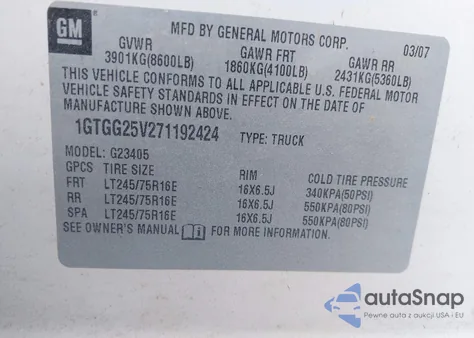 2007 GMC Savana Work Van z USA, uszkodzony, nr VIN 1GTGG25V271192424